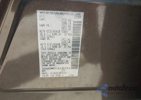 2015 Nissan Pathfinder S z USA, uszkodzony, nr VIN 5N1AR2MM0FC618294